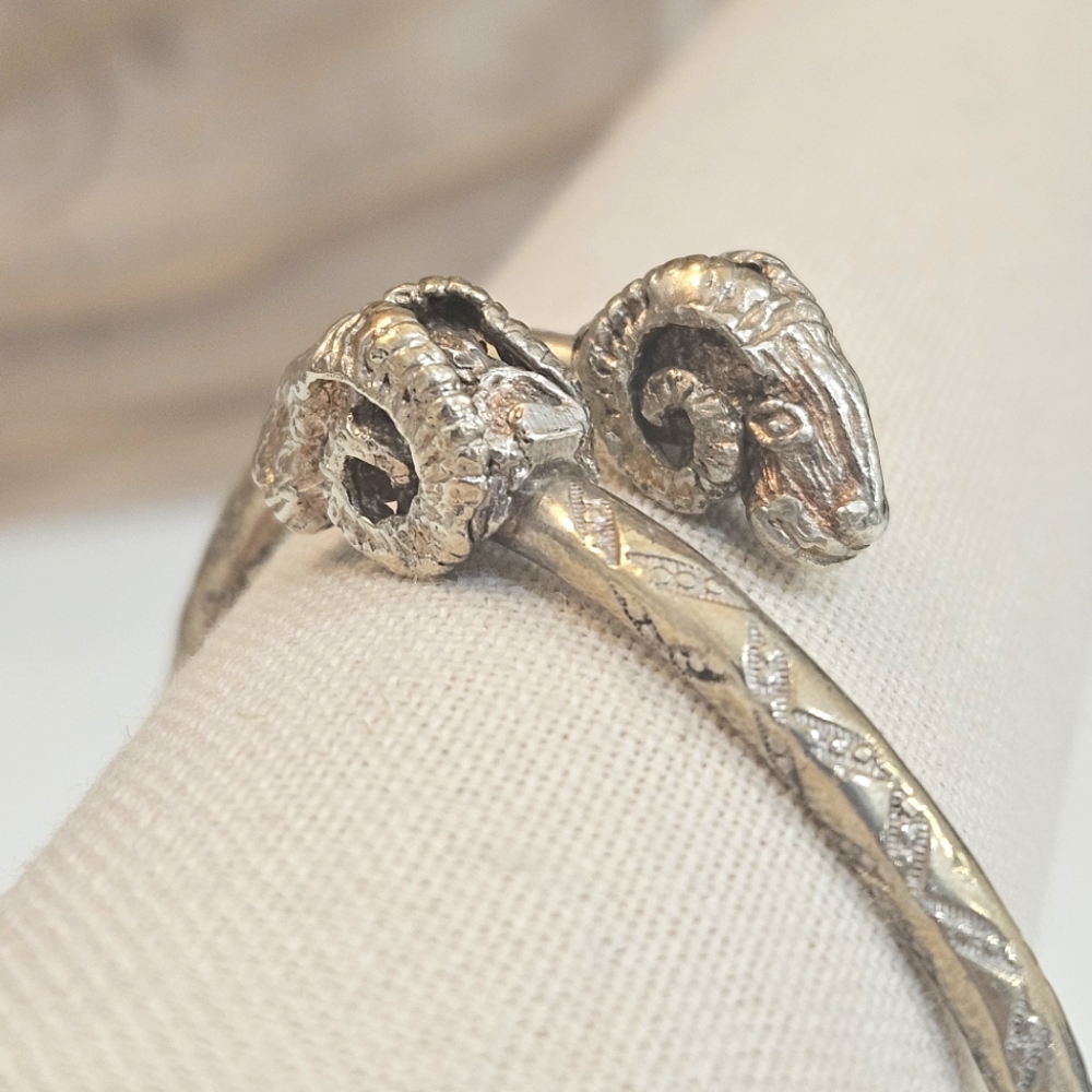 Sterling Silver Ram Head Solid Bypass Cuff Bangle… - image 2